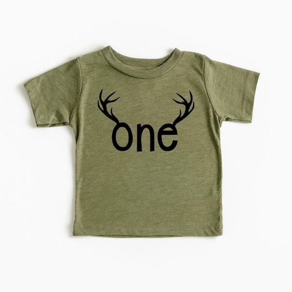 Hunting Antlers First Birthday Shirt I One B-Day Shirts I 1st Birthday Graphic Tees I Wild One T-Shirt I The Birthday Boy Tee I 1 Bday Tees