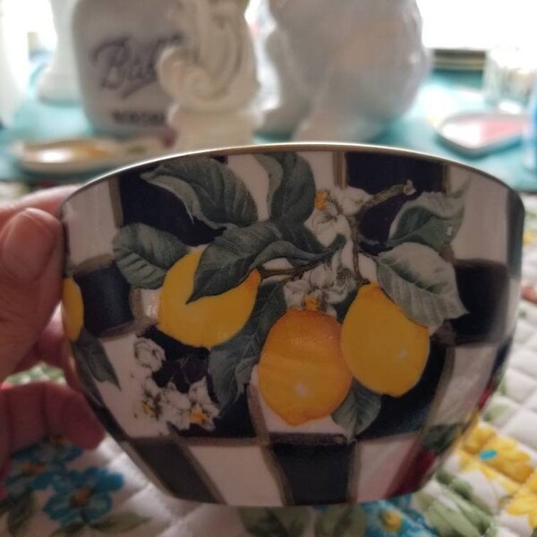 Designer inspired hand painted black and white checkered lemon bowl