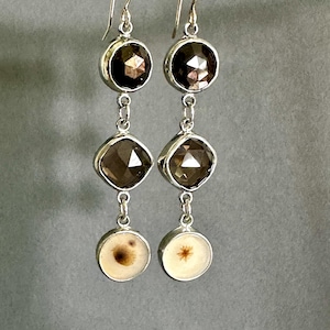 Brincos pendentes de ágata dendrítica de prata esterlina: quartzo fumê, safira, pedra preciosa ágata