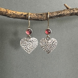 Handmade Sterling Silver Heart Earrings: Textured Pink Tourmaline Dangle