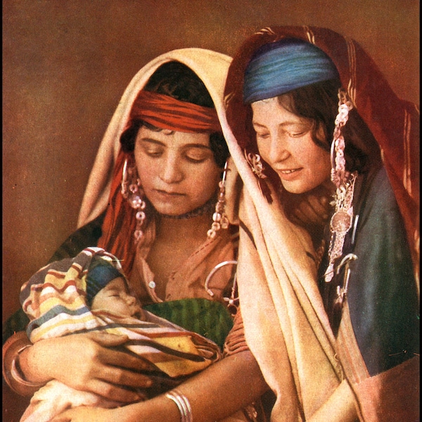 Beduin Babes - two vintage colour photographs celebrating the maternal instinct. Great wall or card images from the 1920's.