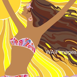 May include: A retro-style illustration of a woman in a colorful bikini with long brown hair, standing with her arms raised against a yellow sunburst background. The text "PALM SPRINGS" is at the bottom of the image.
