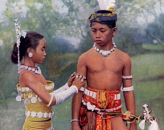Young Iban Couple - a moment of tenderness in a vintage photo taken in the early 1920s - several variations are included.