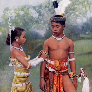 Young Iban Couple - a moment of tenderness in a vintage photo taken in the early 1920s - several variations are included.