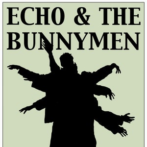 May include: A black and white poster with the text "ECHO & THE BUNNYMEN" and "THE KILLING MOON" in large, bold letters. A silhouette of a person with multiple arms is in the centre of the poster.