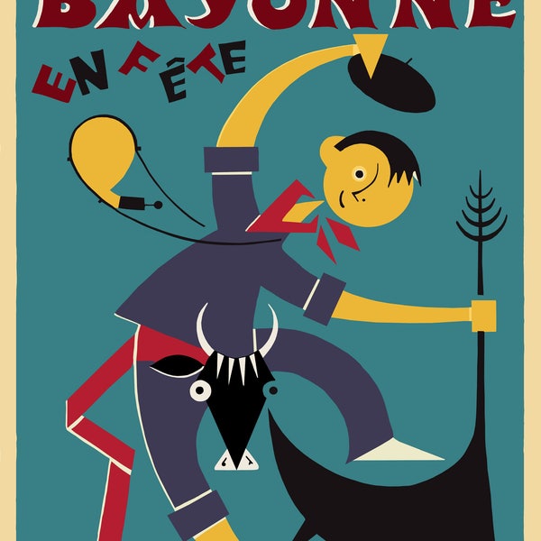 Vintage Festival Poster voor Bayonne circa 1955 - vangt zowel de geest van de gelegenheid als de leeftijd en is ideaal als muur- of kaartkunst.