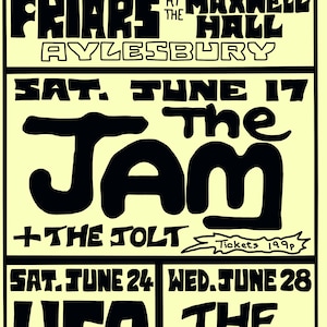 The Jam and The Clash Gig Poster - derived from a late 1970s hand written poster for a club in England, The spirit of the times!