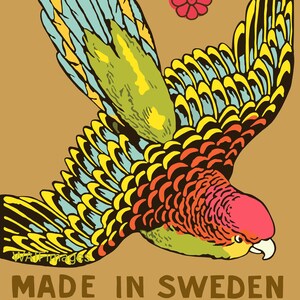 May include: A vintage matchbox label with a colorful illustration of a bird in flight. The label reads "SAFETY MATCH MADE IN SWEDEN".