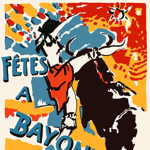 Fetes A Bayonne Poster 1964 - een klassiek beeld uit de jaren 1960 met alle kleur en levendigheid van Zuid-Frankrijk.