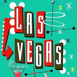 Atomic Las Vegas - un cartel de mediados de siglo que captura el espíritu de la época. Gran muralla o arte de cartas.
