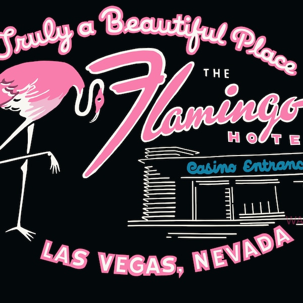Pink Flamingo circa 1950 - based on a Flamingo Hotel, Las Vegas luggage label. Great on the wall above your bar!