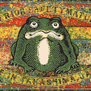 May include: A vintage matchbox label with a green frog illustration and the text "Superior Safety Matches Made in Japan" in a yellow circle.
