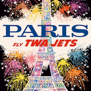 Classic TWA Airline Poster for Paris circa 1962 - the Eifell Tower with plenty of 60s colour and energy for your wall.