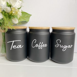 Tea Coffee Sugar Canisters, Black Jars With Bamboo Lids, Kitchen Storage Jars, Kitchen Decor Accessories, Housewarming Gift, Gift For Mum