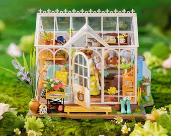 Bauen Sie Ihr Mini-Gartengewächshaus, Puppenhaus-DIY-Kit, Modellset, Miniatur-Gewächshaus-Bastelset für Erwachsene, verträumtes Gartenhaus
