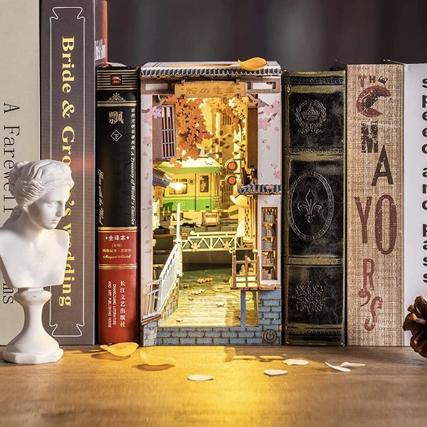 Build Your Own Book Nook, Doll House DIY Kit, Model Set, Miniature Book Nook Craft Kit for Adults, Mini Diorama Room, Sakura Densya