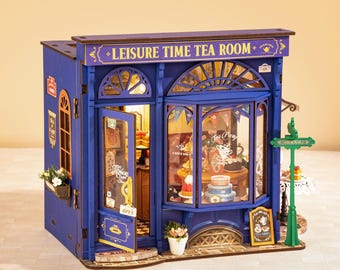 Build Your Own Tea Room, Doll House DIY Kit, Model Set, Miniature Shop Craft Kit for Adults, Mini Diorama Tea Shop with Furniture