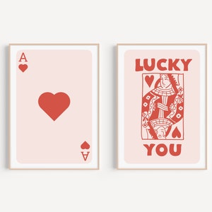 Set di 2 stampe di carte da gioco alla moda, stampe estetiche retrò, rosa, Navy Ace Card Poster, Lucky You Poster, Trendy Wall Art, Sala da pranzo
