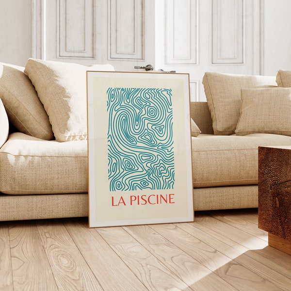 Abstrakcyjny wydruk artystyczny, wydruk w stylu francuskim, klasyczny wydruk retro, nowoczesna estetyka, minimalistyczny design, trendy, kolory retro, basen