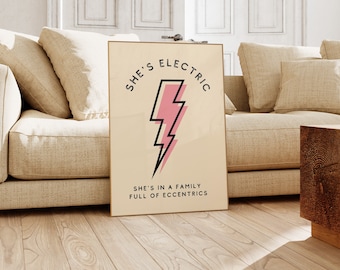 Op She's Electric Oasis geïnspireerde kunstprint, Oasis Wall Art, She's Electric, muziekprint, rockmuziekkunst, kunst aan de muur muziek, oase, muziekteksten,