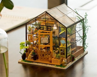 Build Your Own Greenhouse, Doll House DIY Kit, Model Set, Miniature Greenhouse Craft Kit for Adults, Mini Diorama Room with Furniture