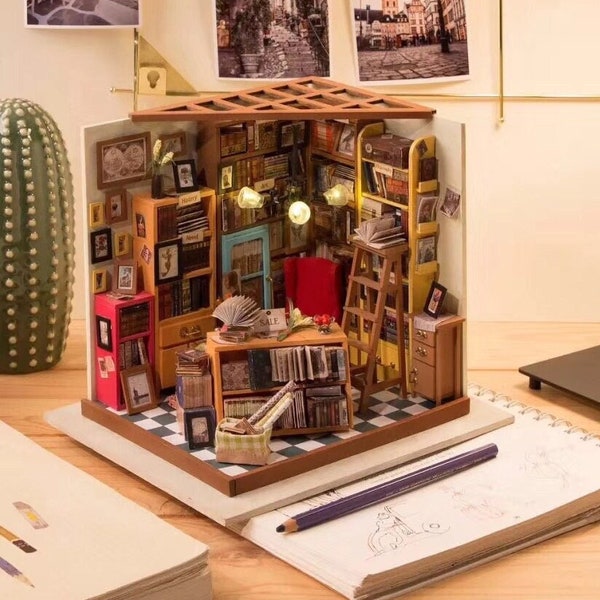 Construisez votre propre bibliothèque, kit de bricolage maison de poupée, ensemble de modèles, kit de création de bibliothèque miniature pour adultes, mini diorama avec meubles