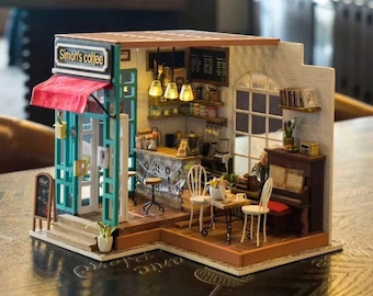 Build Your Own Coffee Shop, Doll House DIY Kit, Model Set, Miniature Coffee Shop Craft Kit for Adults, Mini Diorama Shop with Furniture