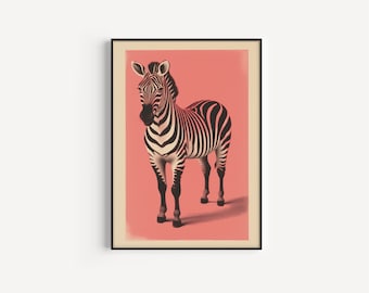 Zebraprint, gedurfde roze achtergrond, maximalistische dierenmuurkunst, tropische Boho Safari Zebraprints, eclectisch jungledecor, Zebraprints