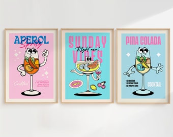 Retro cocktails kunstprints, retro cocktails kunst aan de muur, aperol spritz, retro prints, pina colada, sunday vibes print, drankje prints