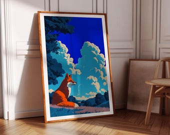 Tranquil Fox in Summer Meadow Art Print, retro Japans landschapskunst aan de muur, gewaagde minimalistische natuurposter, dierenprints, vosafdrukken