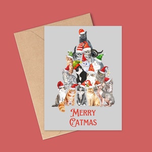 Carte de Noël joyeux Catmas, carte d'illustrations de chat, carte de Noël pour amoureux des chats, carte de Noël, cartes de Noël de chat