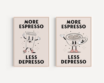 Retro koffie Wall Art Print, meer espresso wand decor, koffie Art Print, keuken kunst aan de muur, koffie poster, retro karakter print, twee ontwerpen