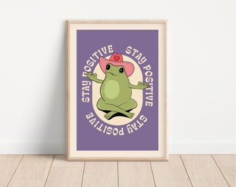 Retro Kikker Muur Print, Zorgeloze Kikker, Positieve Prints, Retro Wall Decor, Kikker Kunst Prints, Karakter Print, Twee Ontwerpen, Blijf Positief Print