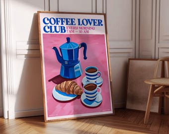 Coffee Lover Club Wall Art Print, keuken koffiebar decor, cadeau voor koffiedrinkers, moderne café poster, koffiekunstwerk, koffieliefhebbers