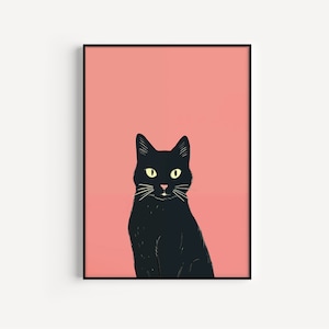 Charming Black Cat Illustration Art Print, Cat Home Décor, A2, A3, A4 Size, Gift Idea For Cat Lovers, Cat Art Prints, Black Cat Print
