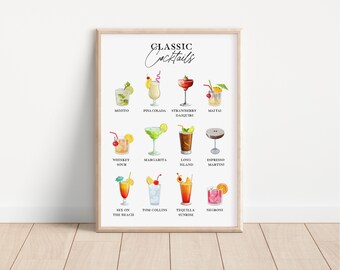 Classic Cocktails Print, Cocktails Poster, Cocktails Art, Cocktail Gifts, Bar Print, Cocktails, Cocktail Selection, Kitchen Art, Dining Room