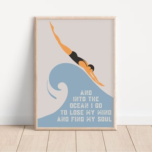 Vintage Swimming print, Swimming print inspired by Gert Sellheim, Into The Ocean I Go Quote, Swimmers gift, Range of Sizes, Swimming Art
