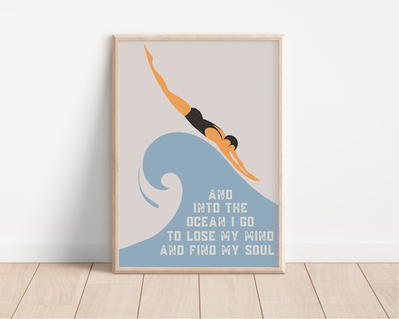 Vintage Swimming print, Swimming print inspired by Gert Sellheim, Into The Ocean I Go Quote, Swimmers gift, Range of Sizes, Swimming Art