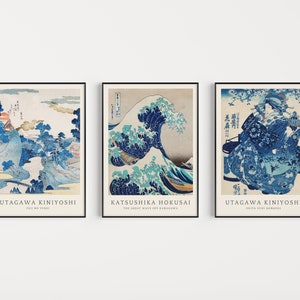 Japanese Prints Set of 3, Woodblock Art, Classic Art, Japanese Wall Art, Gallery Wall Art, Hokusai Prints, Great Wave Print, Kanagawa Print