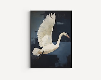 Swan Print, Swan Wall Art, Blue Decor, Office Painting, Original Art, Swan Painting, Modern Kitchen Prints, Moody Wall Art