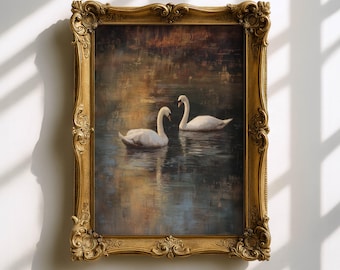 Twee zwanen op een meer-olieverfschilderij, romantische natuurkunst aan de muur, vredig watertafereel, vogelillustratie, decor huisje, zwaanafdrukken
