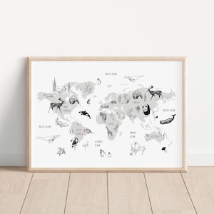 Dierenwereldkaart print, kinderkamer print, onderwijs print, wereldkaart print, leermiddelen, kinderkamer, dierenillustraties