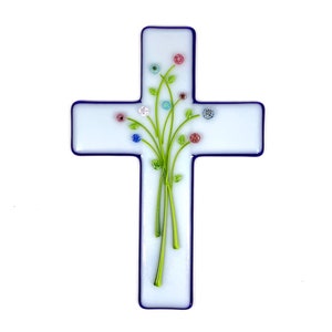 Floral Fused Glass Cross Wall Hanging, White and Blue Cross, Flowered Cross Wall Art, Easter Fused Glass Art