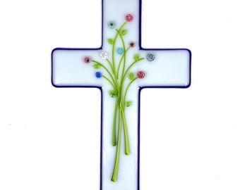 Handmade Fused Glass Floral Cross Wall Art, Blue White Iridescent Glass Home Decor