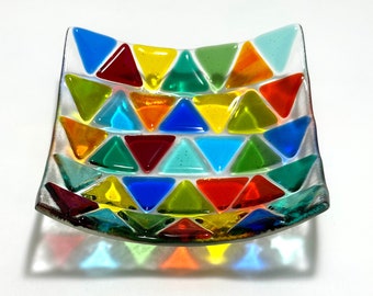 Rainbow Triangles Fused Glass Plate, Colorful Art Display