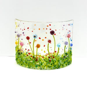 Fused Glass Flower Garden Candle Screen, Floral Suncatcher, Garden Tea Light Screen, Fused Glass Art