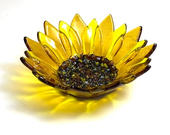 Fused Glass Sunflower, Flower Art, Sunflower Bowl, Candle Dish, Trinket Dish, Fused Glass Art