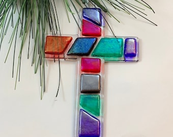 Mosaic Glass Cross Suncatcher, Cross Christmas Ornament, Fused Glass Mosaic Glass Cross, Cross Decoration, Fused Glass Tree Decoration