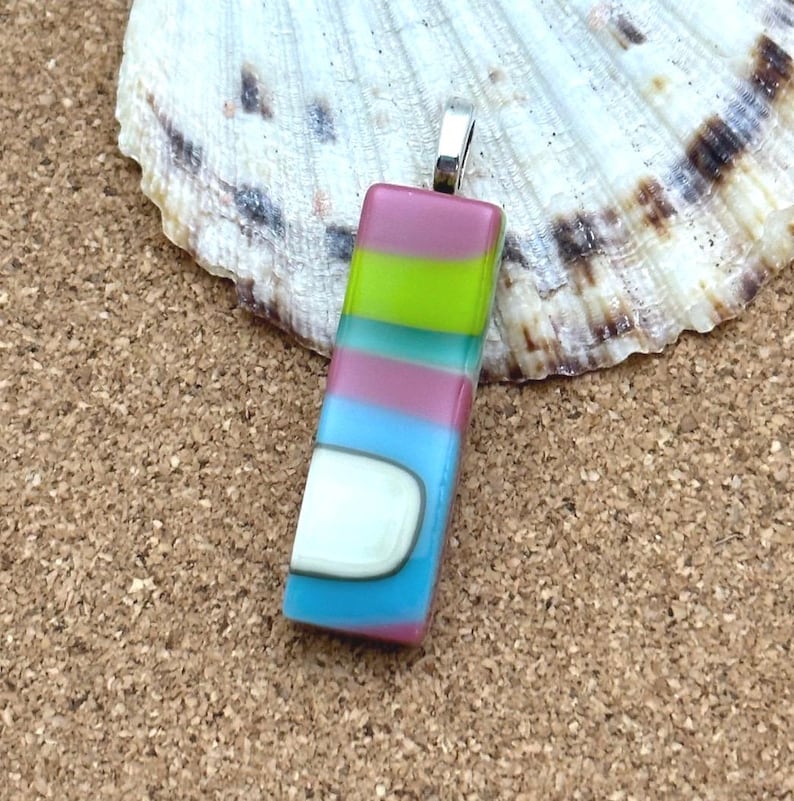 Colorful Fused Glass Pendants, Modern Necklace, Unique Glass Pendant, Stacked Squares Glass Necklace, Abstract Fused Glass Jewelry, Rainbow zdjęcie 1