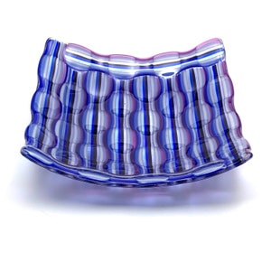 Fused Glass Optical Illusion Bowl, Fused Glass Plate, Art Glass Decor, Blue and Purple Striped Fused Glass Plate